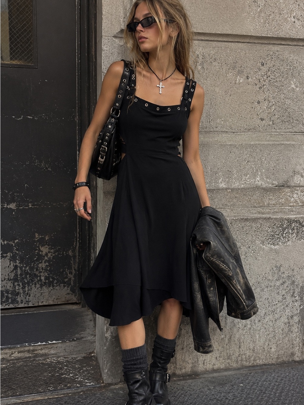 TRIPP Grommet Cold Shoulder Cut-out Hi-Low Midi Dress Black Size XL Grunge Emo